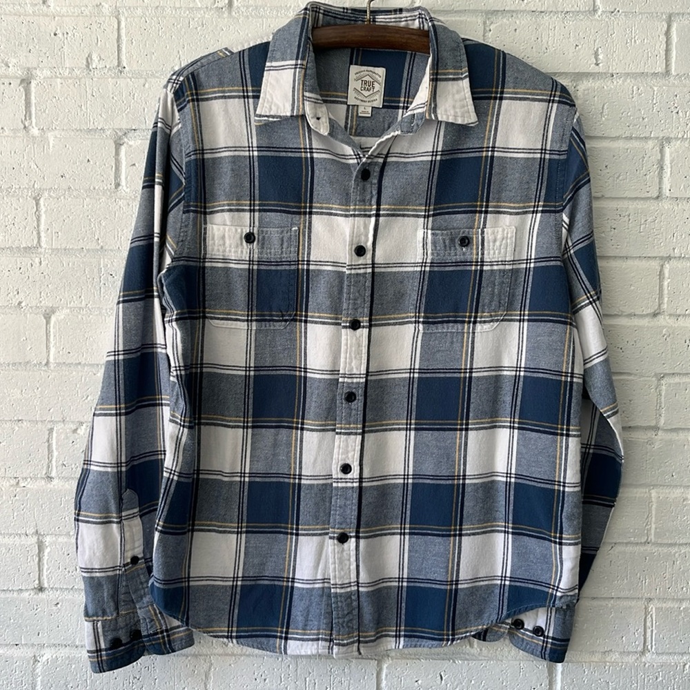 True Craft Button Up Plaid Flannel Shirt Men’s L Long Sleeve 2 Pockets Western